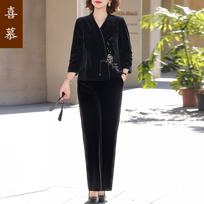 喜慕妈妈春金丝绒新中式两件套