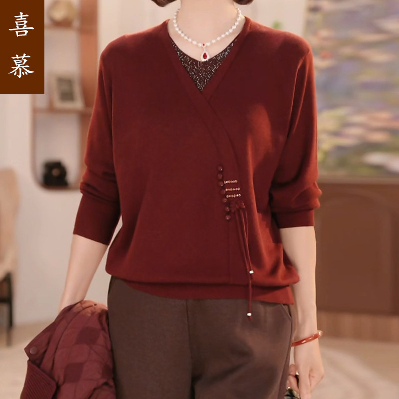 喜慕妈妈秋装2新款中式针织小衫外穿毛衣中老年女长袖t恤打底上衣,女装/女士精品,中老年女装,淘宝优惠券,粉丝福利购,淘宝优惠卷