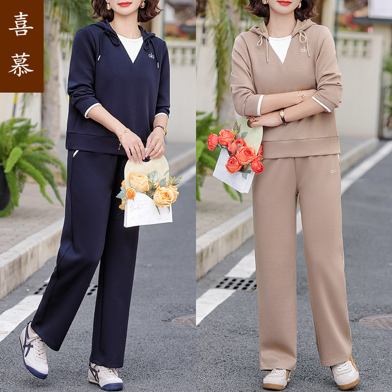 喜慕中年妈妈春套装休闲宽松运动服2026新中老年女装春秋大码上衣