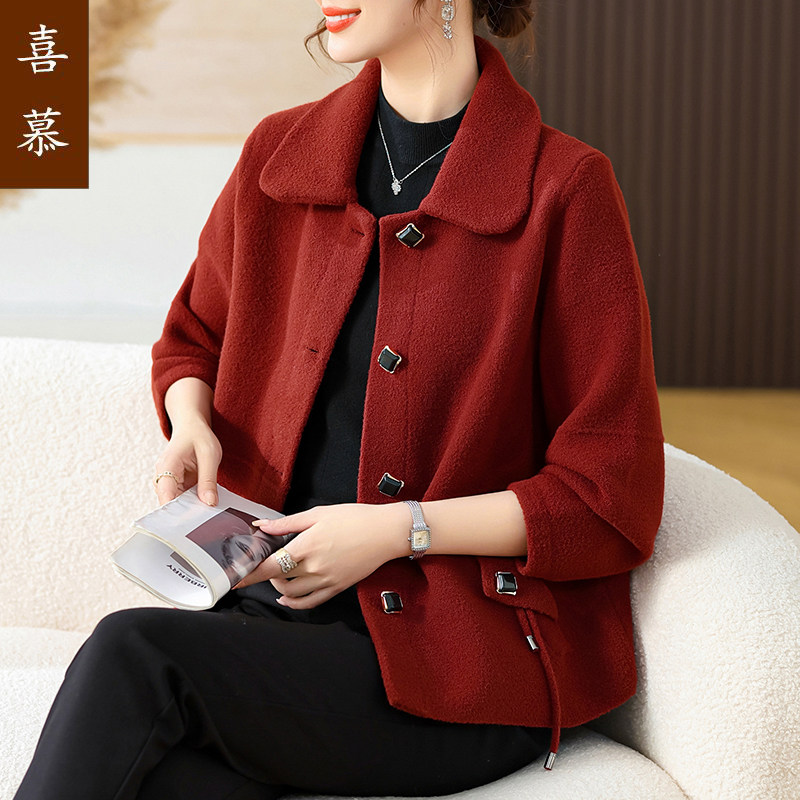 短外套妈妈春秋装新款红色上衣