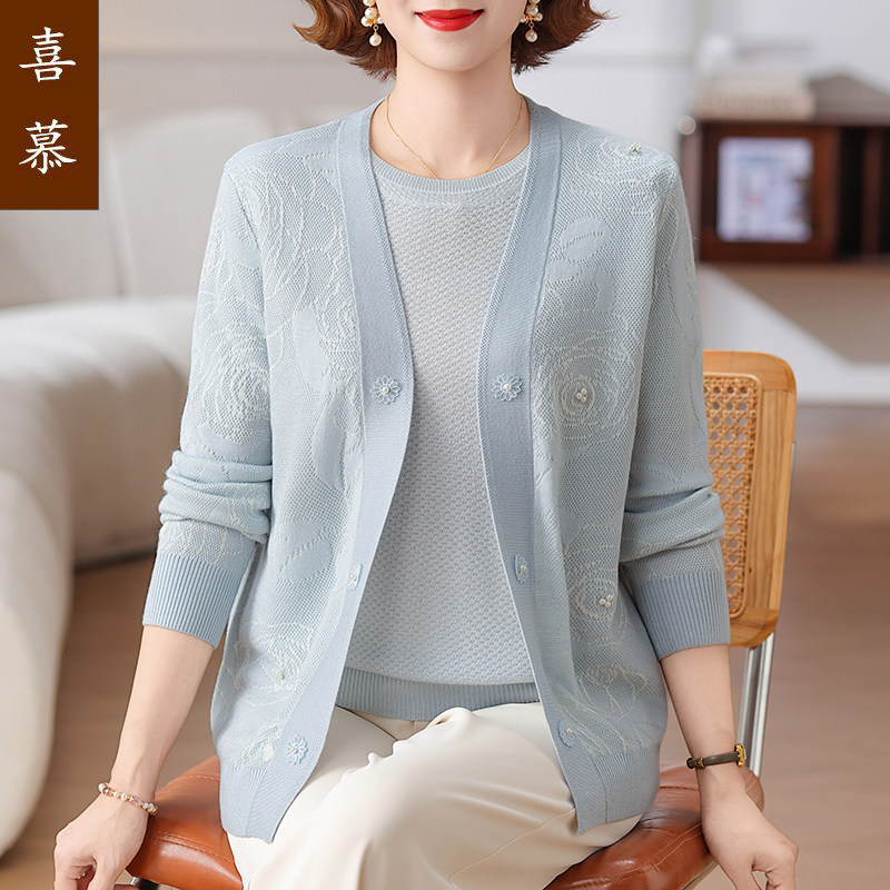 喜慕中老年女针织连帽开衫两件套