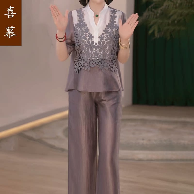 喜慕春夏蕾丝刺绣显瘦短袖套装
