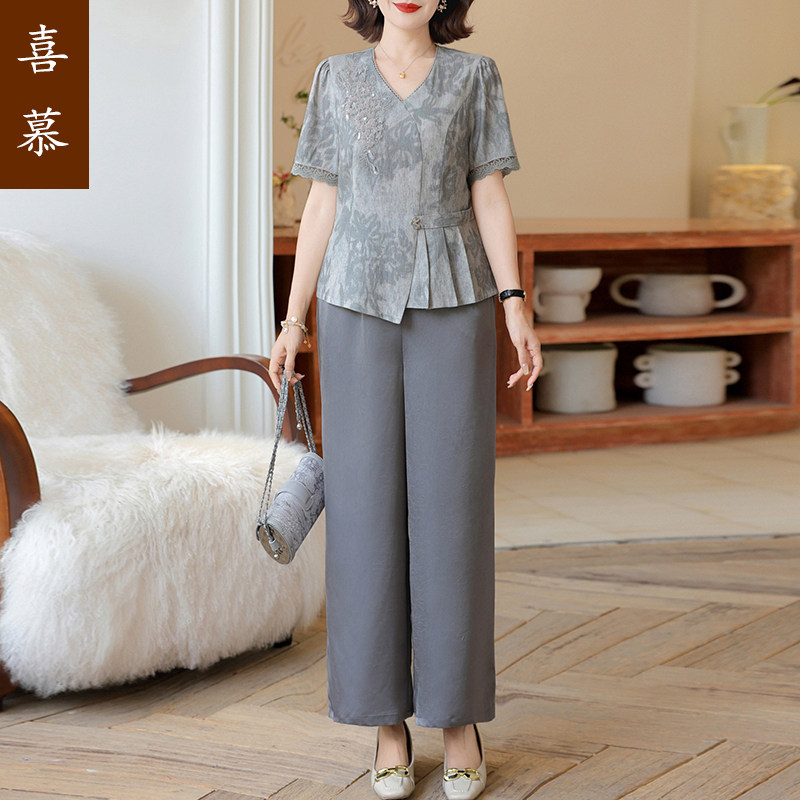 中年妈妈春装时尚套装2025新款气质中老年女装宽松两件套上衣裤子