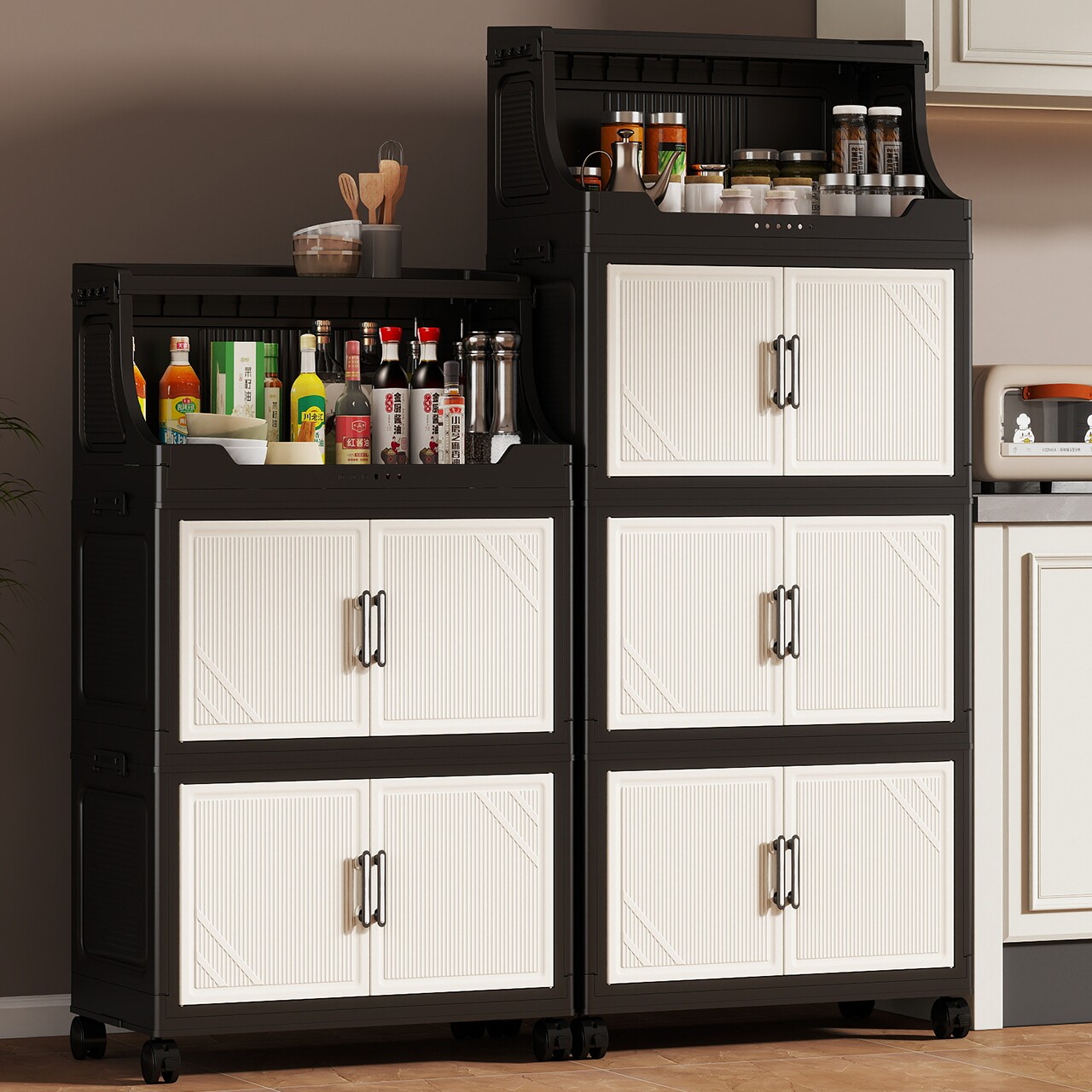 家用免安装厨房收纳柜多层折叠储物柜可移动大容量折叠带轮置物架