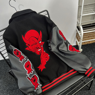 美式复古恶魔刺绣夹克男外套春秋冬上衣时尚潮流男生街头痞帅青年