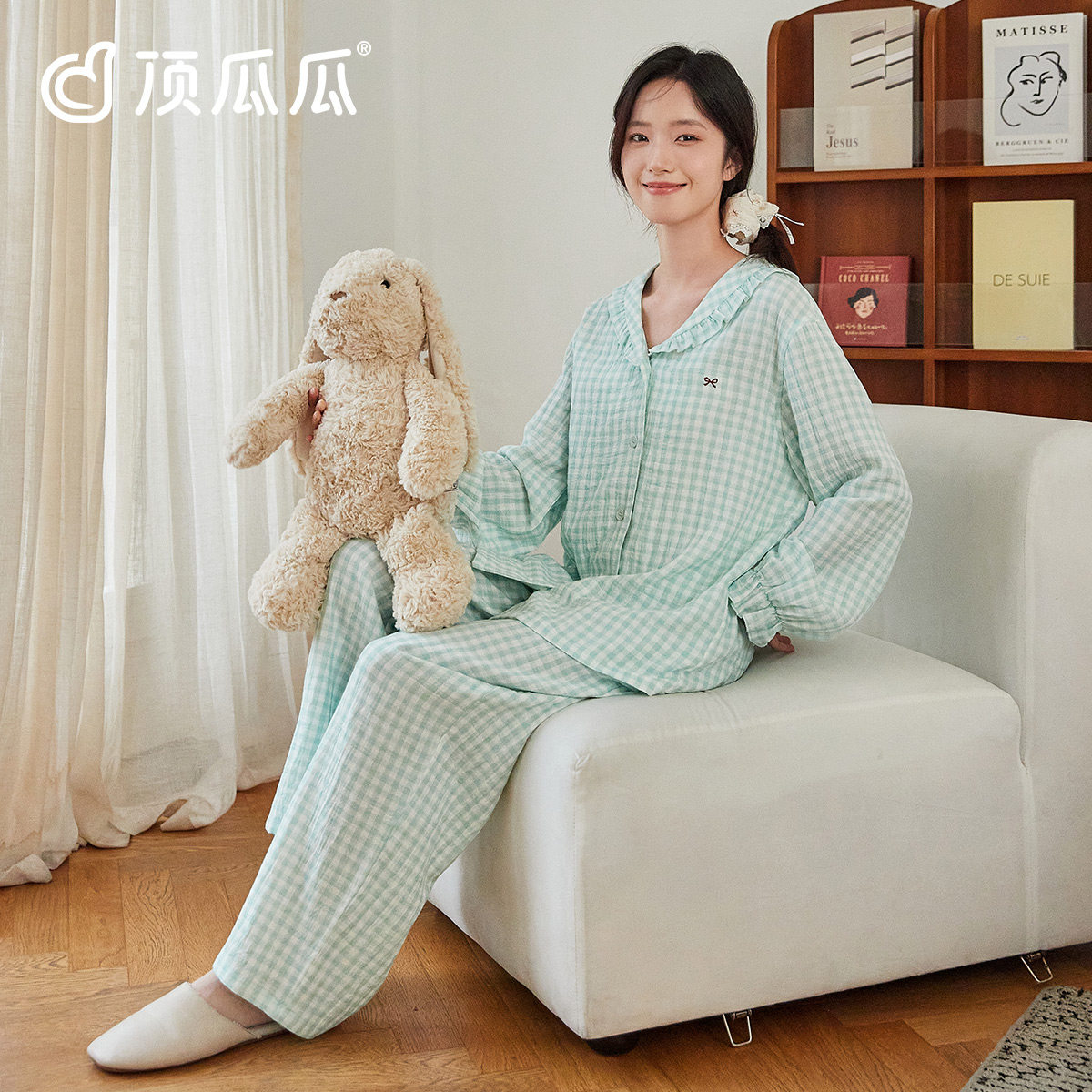 顶瓜瓜女士纯棉格子开襟家居服