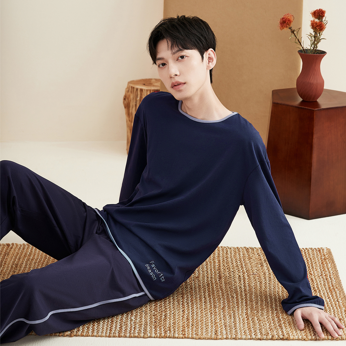 顶瓜瓜纯棉舒适睡衣男士春秋撞色运动套头长袖可外穿家居服套装