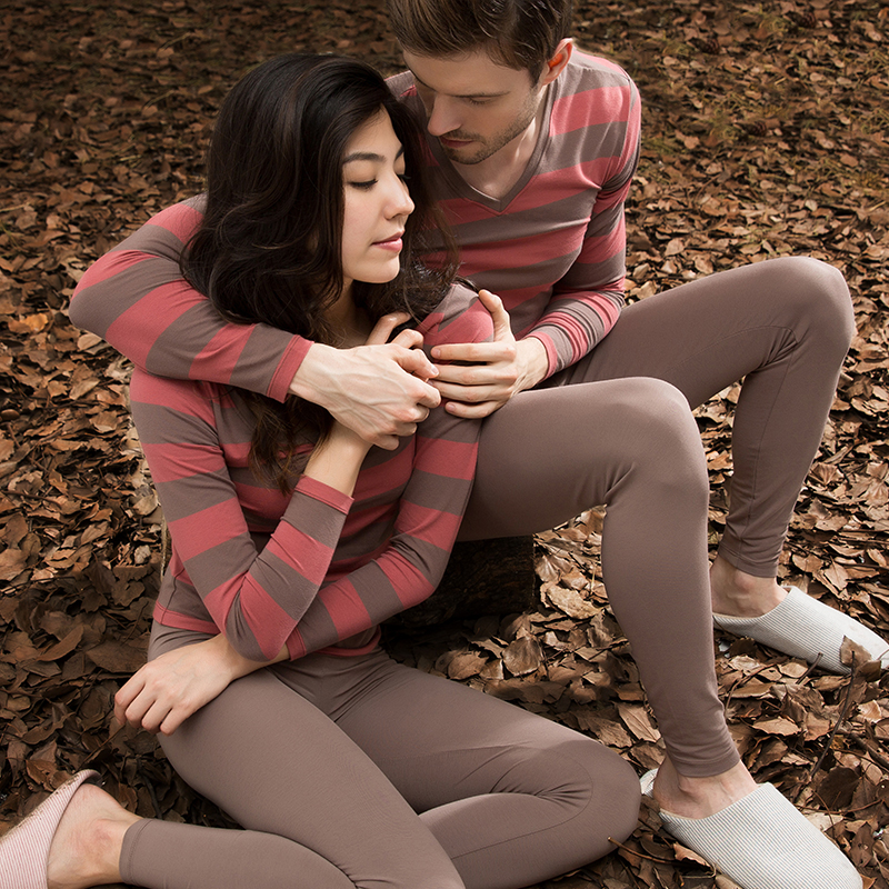 顶呱呱秋衣秋裤情侣纯棉棉条纹