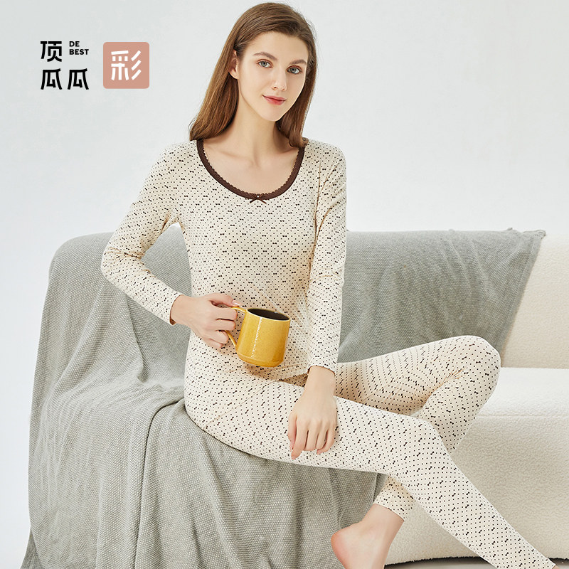 顶呱呱彩棉保暖内衣女秋衣秋裤套装薄莱卡棉圆领印花棉毛衫顶瓜瓜