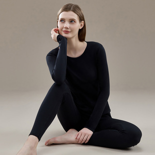 顶瓜瓜女士简约黑色小个子长袖纯棉保暖内衣套装大码打底秋衣秋裤