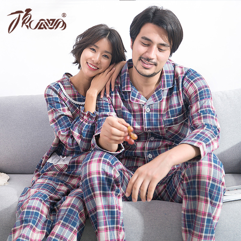 情侣格子磨毛全棉休闲长袖睡衣