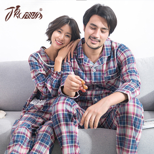 顶呱呱情侣长袖睡衣女纯棉格子磨毛全棉秋季休闲睡衣男家居服套装
