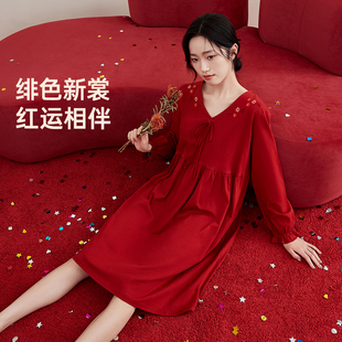 顶瓜瓜长袖睡裙女春秋季纯棉结婚大红色V领性感优雅中长款小红裙