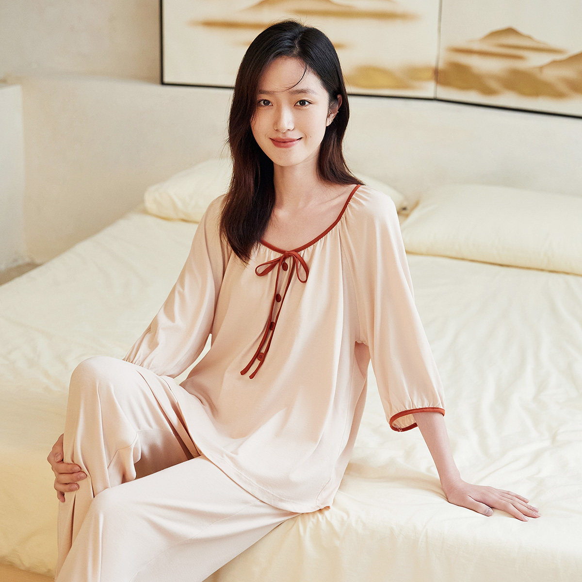 顶瓜瓜春夏纯棉睡衣女士V领七分袖套头慵懒风阳光棉可外穿家居服