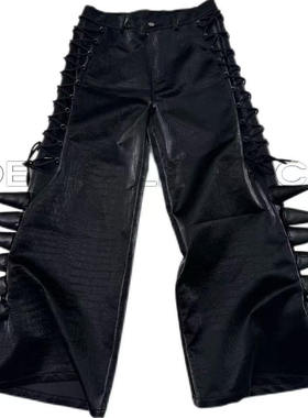 OBYEALLBLACK原装服装拳击绑带设计充棉仿鳄鱼皮裤