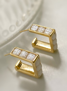 日韩新款银针白色菱形耳圈个性简约方形耳环时尚百搭休闲小众耳饰