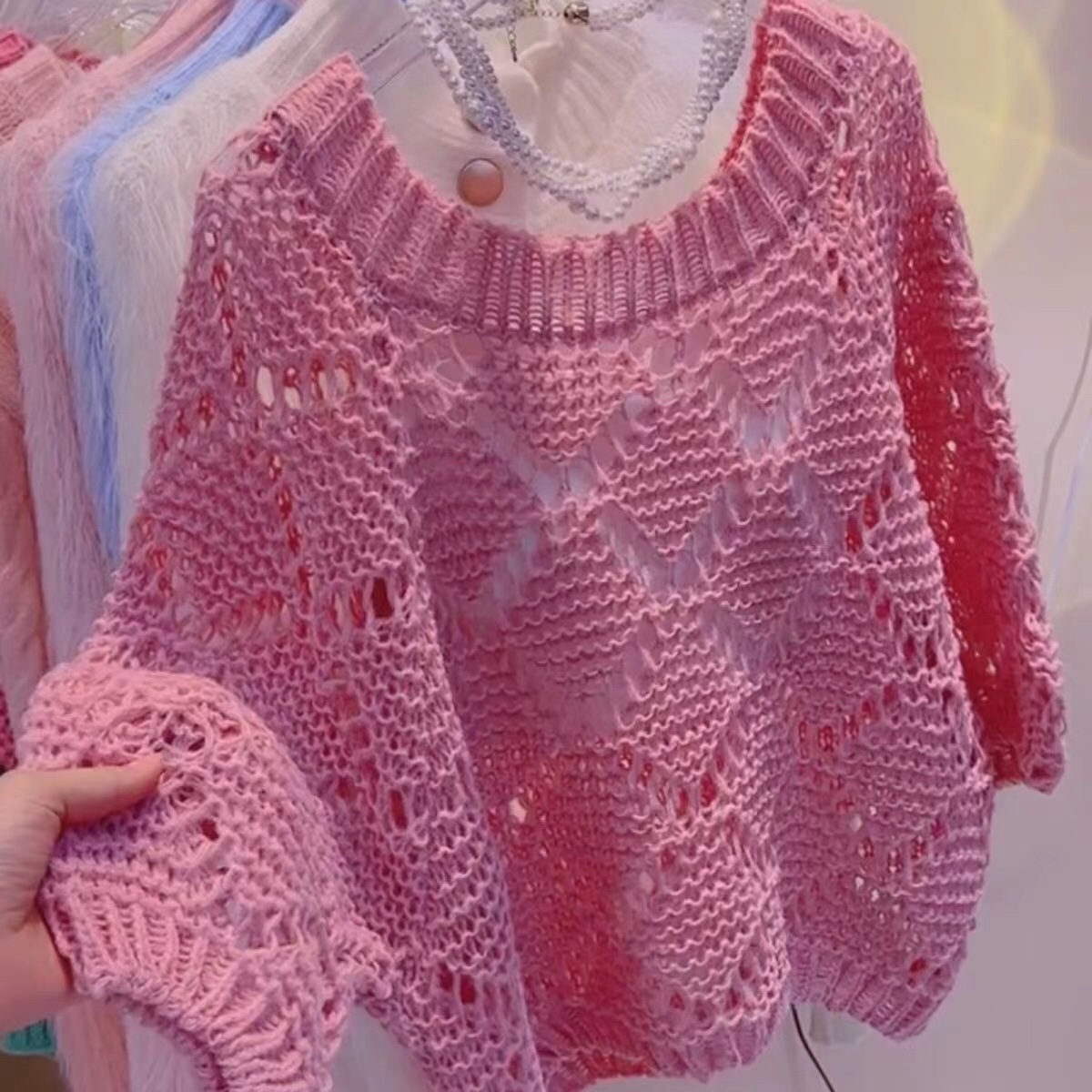 温柔风五分袖宽松镂空针织上衣