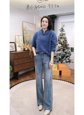 火桐hooton 静谧蓝调 点子纱山羊绒拉绒POLO领套头衫85623