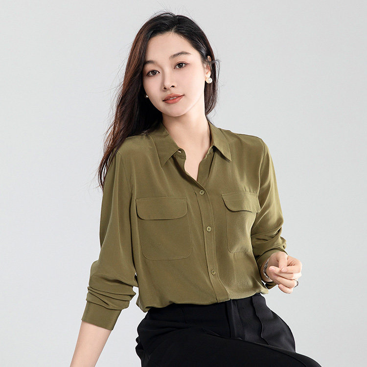 郭晶晶同款白色真丝双口袋衬衫