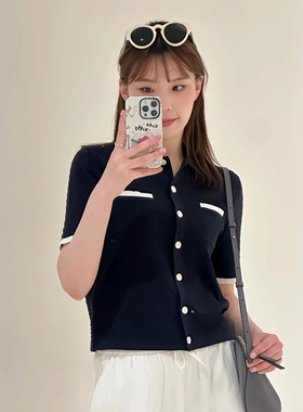 火桐hooton 大航海家 丝毛撞色针织短袖开衫G478