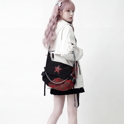 YONAIGA星星格子链条邮差男女包