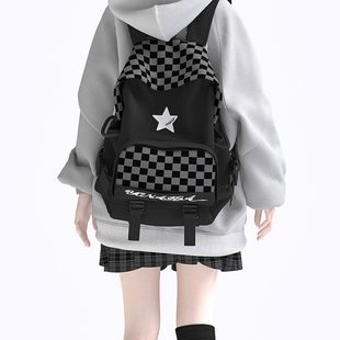 YONAIGA 原创星星棋盘格高中学生初中生书包男电脑背包大双肩包女