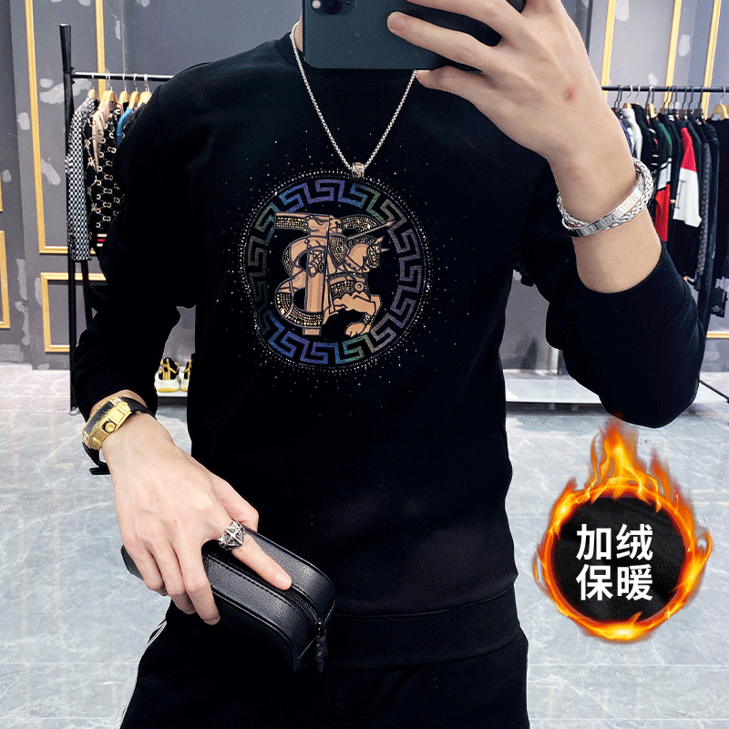 欧洲站圆领烫钻卫衣男2025秋冬季新款男士男装加绒加厚长袖上衣男