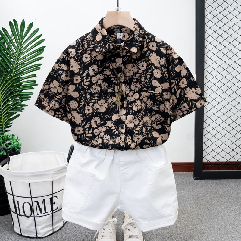 男宝宝夏季雪纺衬衫童装韩版男童帅气花纹短袖中大童男孩洋气衬衣