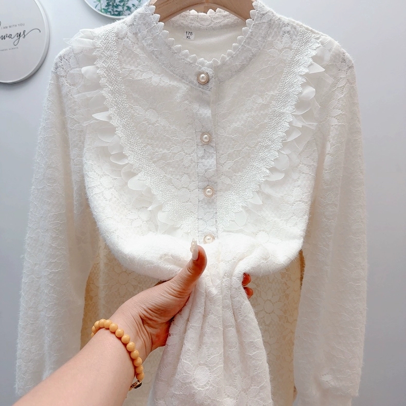 秋冬新款蕾丝打底衫女宽松显瘦遮肉洋气百搭加绒加厚衬衫小衫上衣
