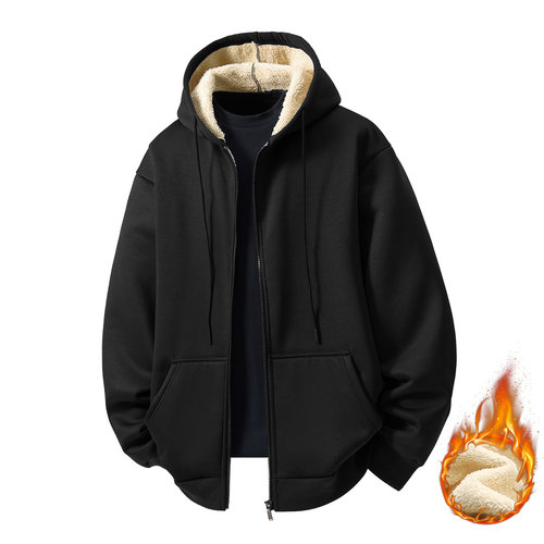 冬天连帽卫衣拉链大码300斤纯黑色帽衫加绒加厚保暖250斤胖子外套