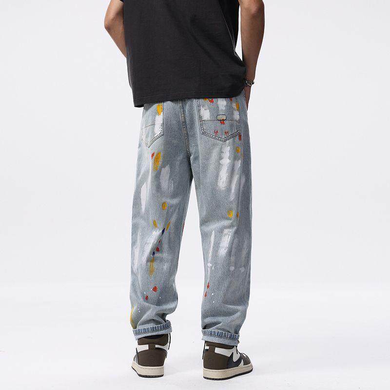 美式泼墨牛仔裤男款高街复古宽松阔腿长裤潮牌涂鸦直筒裤子痞帅