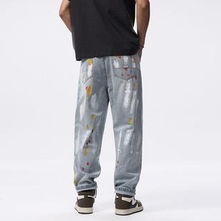 美式泼墨牛仔裤男款高街复古宽松阔腿长裤潮牌涂鸦直筒裤子痞帅