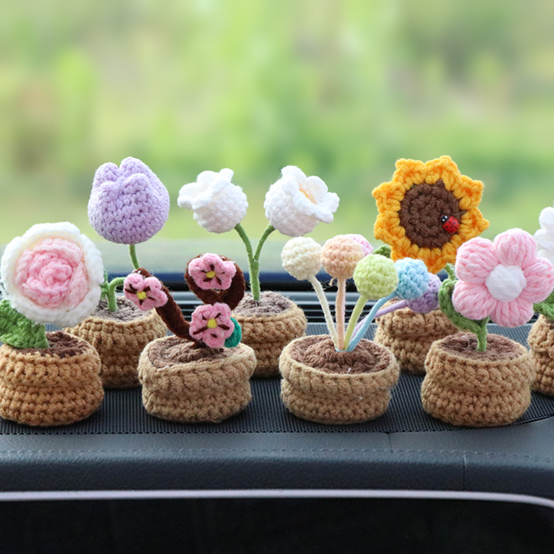 手工编织diy迷你小盆栽钩针毛线向日葵汽车内中控台装饰品摆件