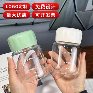 迷你胖胖杯玻璃水杯logo定制高颜值杯子便携豆浆咖啡杯刻度牛奶杯