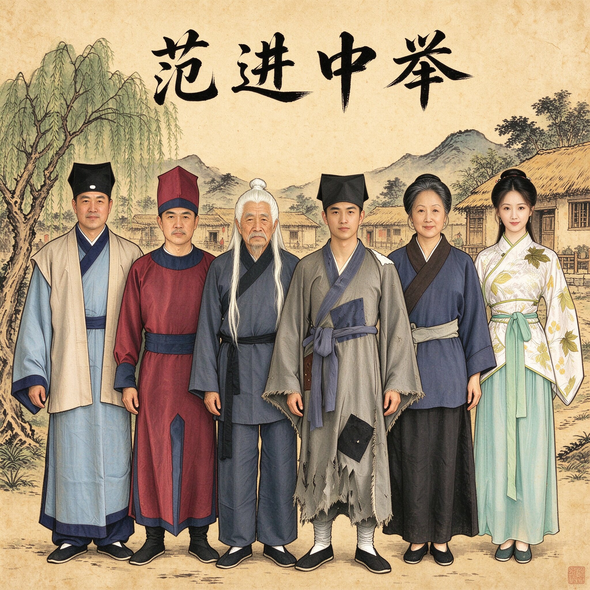 范进中举课本剧学生话剧服装古代书生乡邻百姓举人胡屠户表演学生