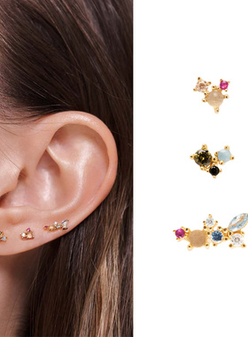 PD新款纯银小耳骨钉女防过敏彩色宝石小巧耳环迷你耳钉时尚耳饰品
