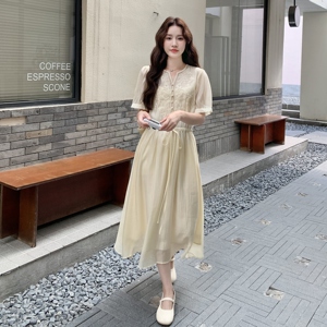 法式优雅刺绣衬衫连衣裙女2025年夏季新款高级感气质收腰显瘦长裙图片