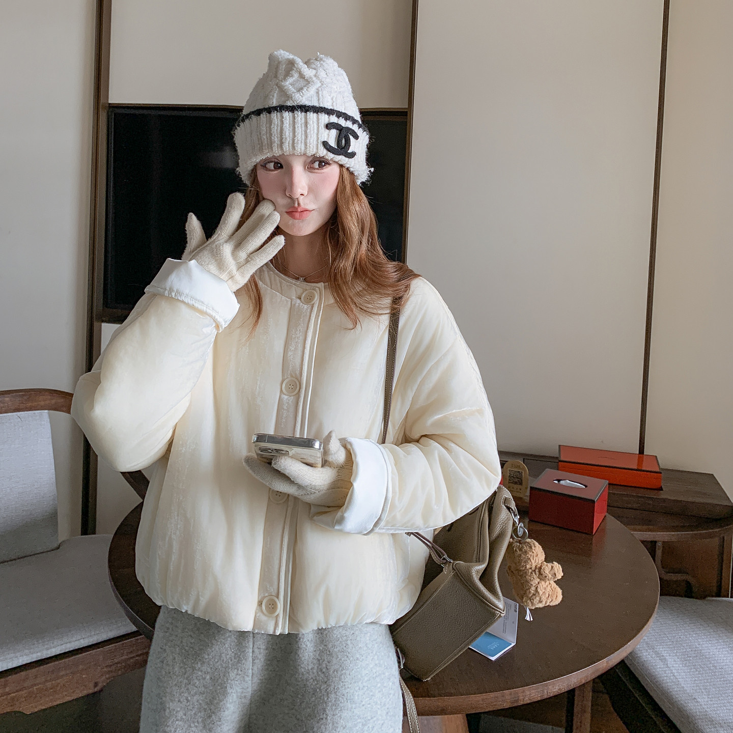 【现货】丝绒纯色拼接高级棉服外套8815米白-P195-K318,女装棉衣/棉服,浙宝189
