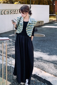 洋气时髦连衣裙套装女秋季2025新款法式条纹马甲长袖a字裙两件套图片