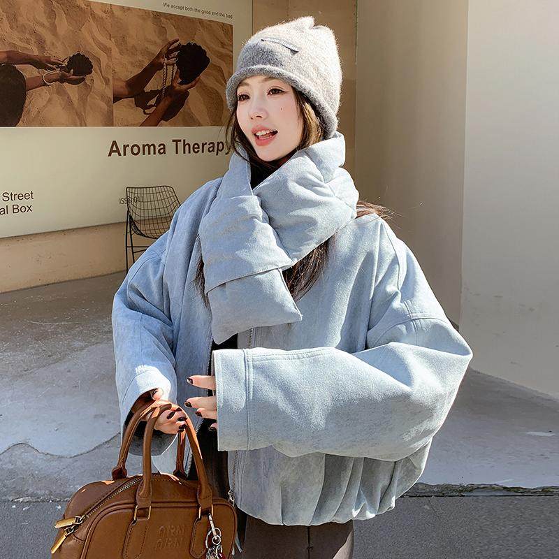 蓝色围脖短款羽绒服女冬季新款小个子韩系减龄加绒90白鸭绒外套,女装羽绒服,浙宝189