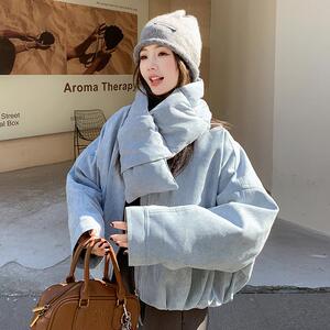 蓝色围脖短款羽绒服女冬季新款小个子韩系减龄加绒90白鸭绒外套图片