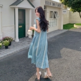 独特绝美慵懒松弛感蓝色小飞袖连衣裙女夏设计感温柔气质连身长裙，女装连衣裙，浙宝189