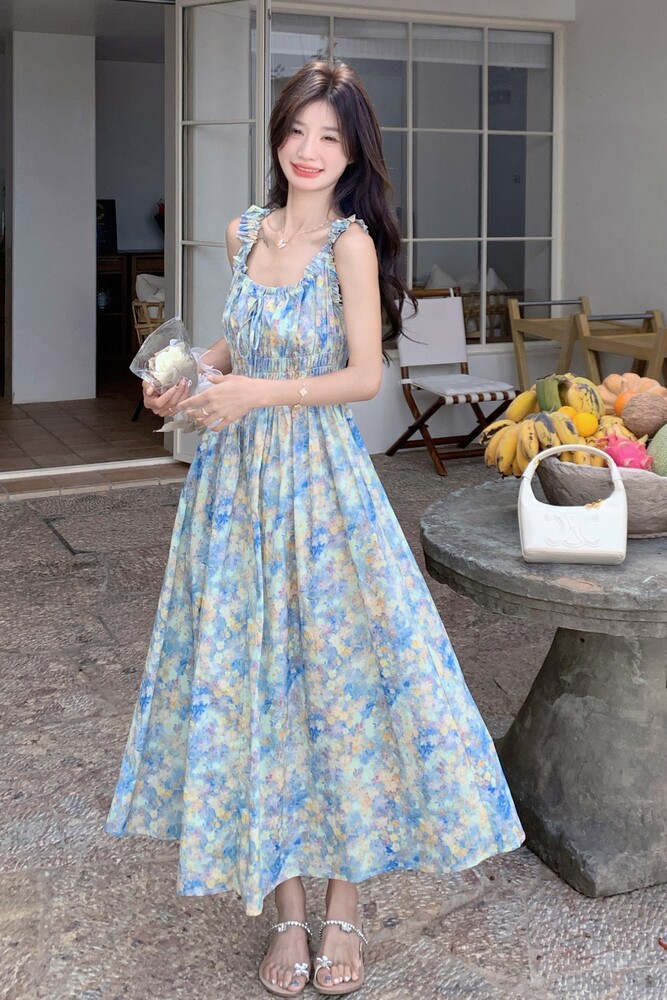 法式碎花吊带连衣裙女2025夏季新款气质时尚设计感收腰显瘦长裙,女装连衣裙,浙宝189