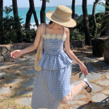 法式蓝格吊带上衣半身裙两件套女2025夏新款高级感气质半身裙套装，商品下架区，浙宝189