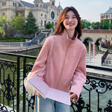 粉色麂皮绒开春外套女款春秋2025新款韩系小个子美式立领夹克上衣，女装短外套，浙宝189