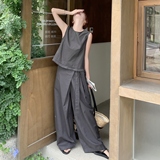 时尚休闲慵懒风百搭淡人两件套2025夏季简约风圆领上衣阔腿裤套装，商品下架区，浙宝189