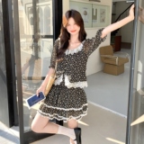 蕾丝拼接黑色碎花衬衫短裙套装女夏2025新款超火两件套流行减龄，女装套装/套裙，浙宝189