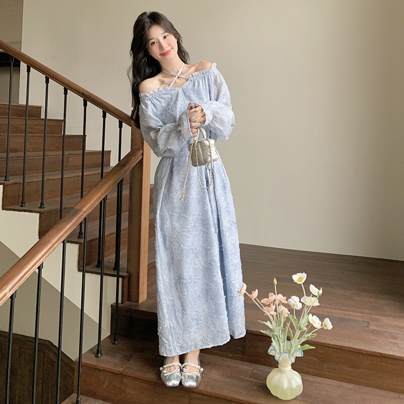 法式浪漫蓝色连衣裙女2025年春季新款高级感温柔风精致提花长裙子,女装连衣裙,浙宝189