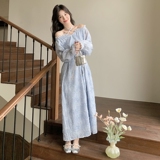 法式浪漫蓝色连衣裙女2025年春季新款高级感温柔风精致提花长裙子，女装连衣裙，浙宝189