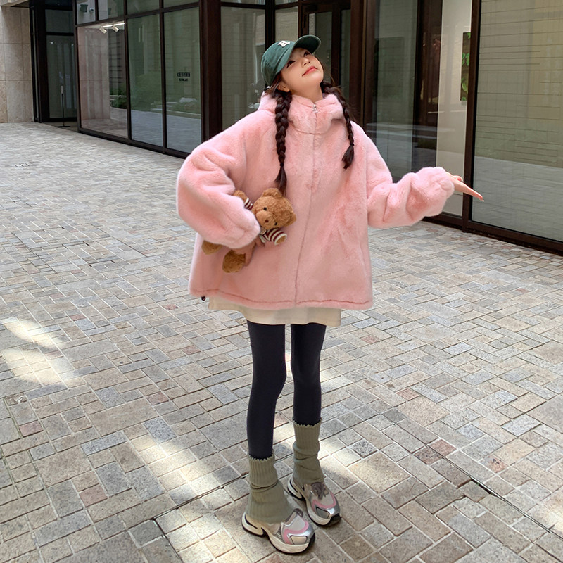 【现货】连帽皮毛一体外套852粉-P175-K268,女装皮草,浙宝189